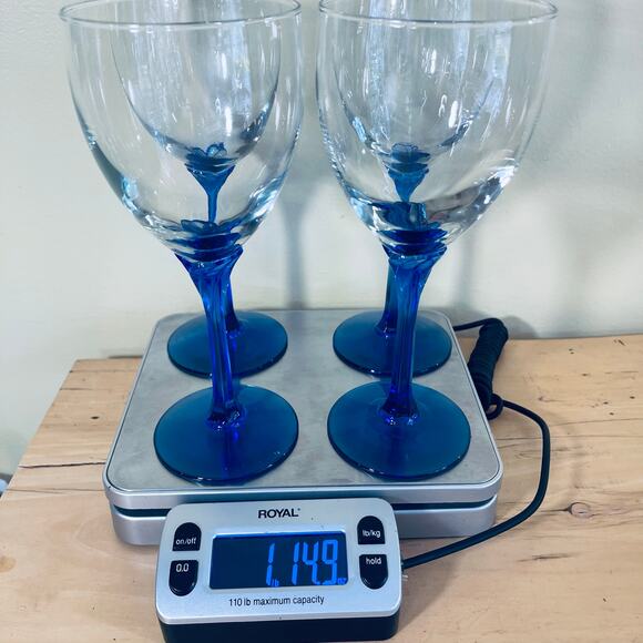 4 Libbey Blown Goblets Wine Glasses Domaine Blue Pedal Stem - Picture 9 of 9